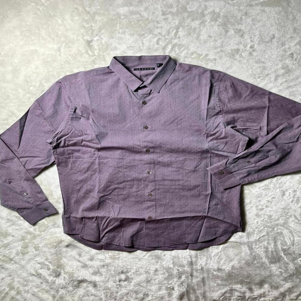 Theory Modern Button Up Dress Shirt Metallic Purple Gray Sheen Men's L Metro Hip